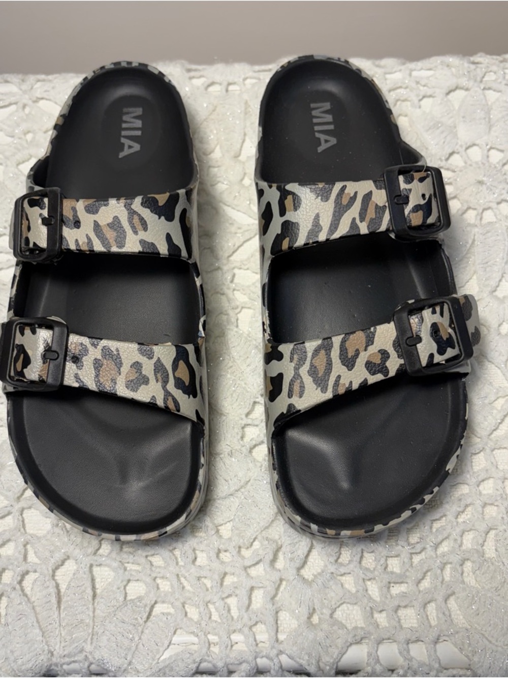 MIA Leopard-Print Double Buckle Slide Sandals - Black, Tan